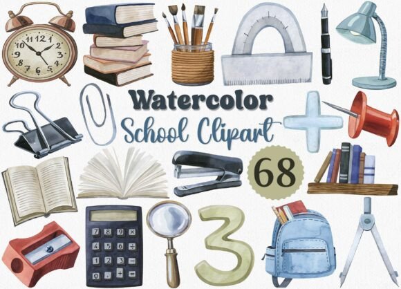 Watercolor School Clipart Set, 68 PNG: A Versatile Resource for Educators and Creators
