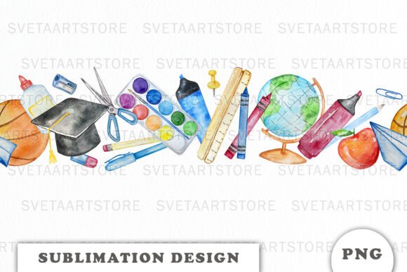 Watercolor School Seamless Border PNG